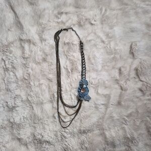 Vintage Y2K Necklace Mixed Materials Denim Blue Jean Flower Chains Buttons Beads